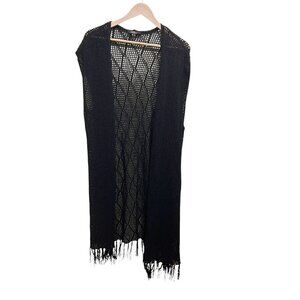 Vintage Black Crochet Knit Fringed Long Line Open Front Vest Size 14W